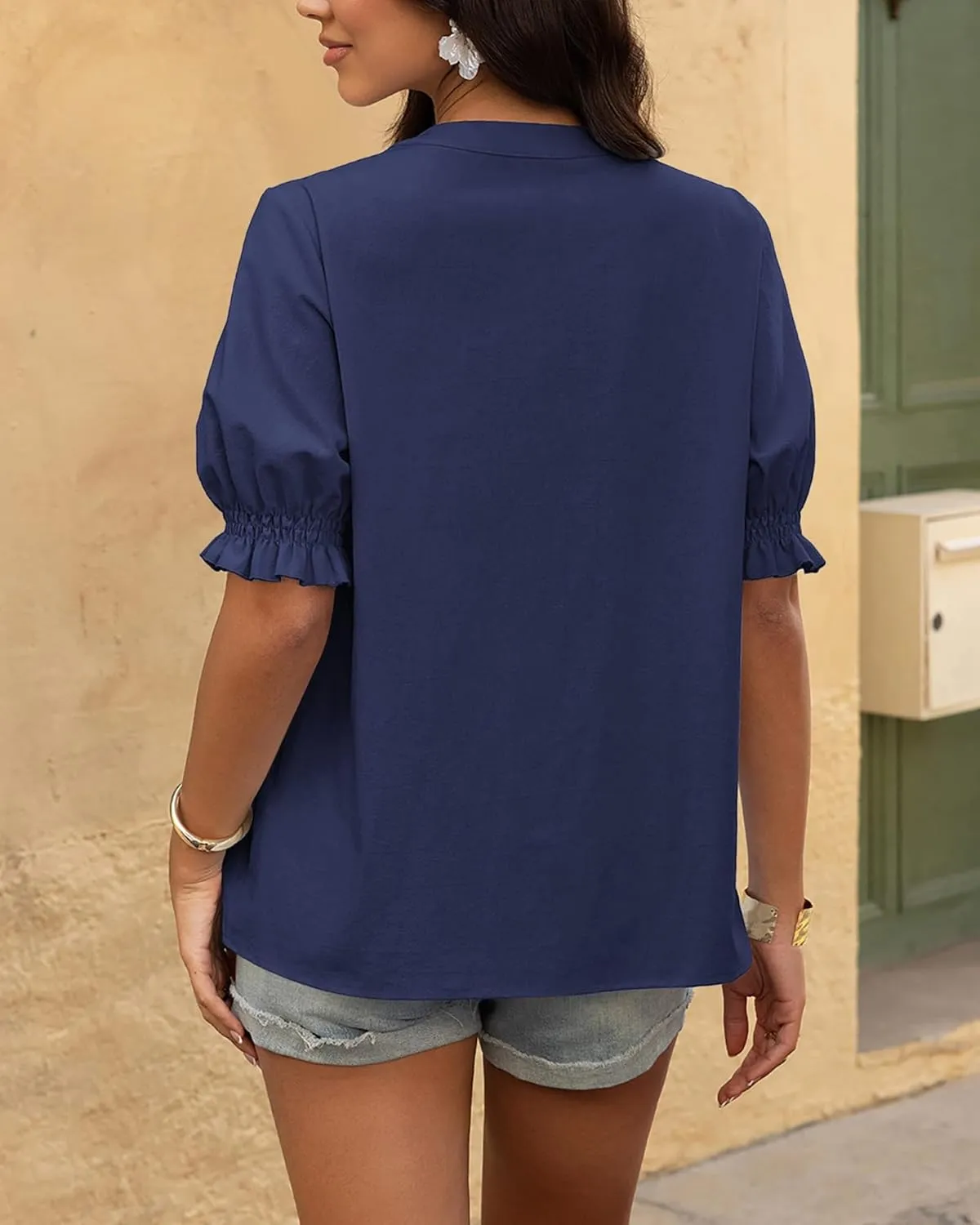 BTFBM Women's 2025 Summer Tops Casual Floral Boho V Neck Puff Short Sleeve Button Down Shirts Embroidered Blouses Tunic