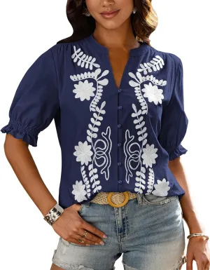 BTFBM Women's 2025 Summer Tops Casual Floral Boho V Neck Puff Short Sleeve Button Down Shirts Embroidered Blouses Tunic