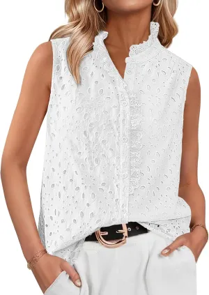 BTFBM Women's Sleeveless Button Down Shirts Ruffle V Neck Casual Hollow Out Eyelet Tops Boho Summer Vacation Blouse 2025