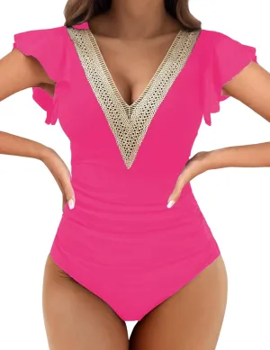 Buauty Womens One Piece Swimsuits Tummy Control Bathing Suits Deep V Lace Neckline Ruffle Swimwear Women 2025