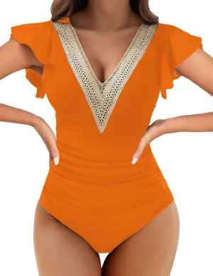 Buauty Womens One Piece Swimsuits Tummy Control Bathing Suits Deep V Lace Neckline Ruffle Swimwear Women 2025