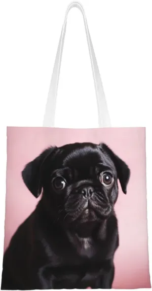 Canvas Tote Bag Aesthetic for Women Cute Black Pug Shopping Bags Large Tote Shoulder Bag Reusable Grocery Bags Hobo Bags Casual Handbags Cute Cloth Bags Birthday Gifts