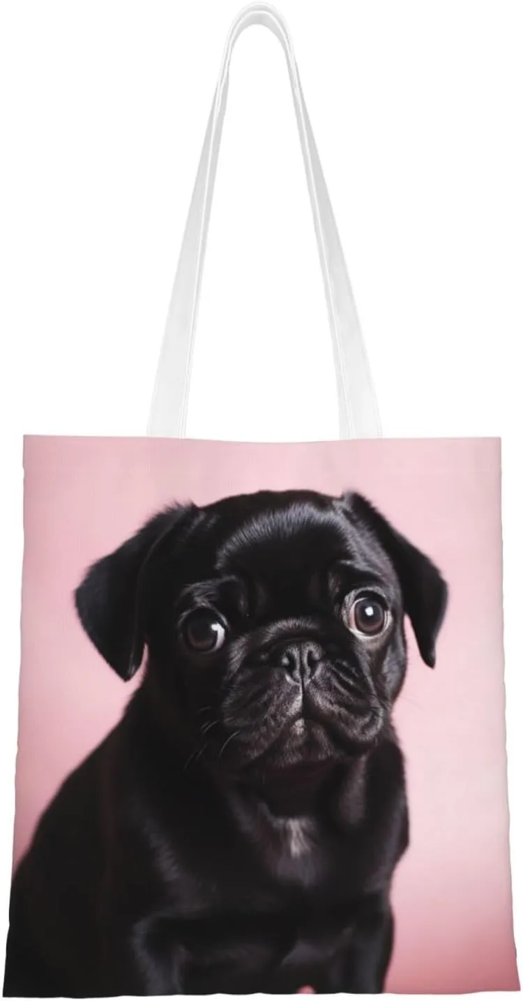Canvas Tote Bag Aesthetic for Women Cute Black Pug Shopping Bags Large Tote Shoulder Bag Reusable Grocery Bags Hobo Bags Casual Handbags Cute Cloth Bags Birthday Gifts