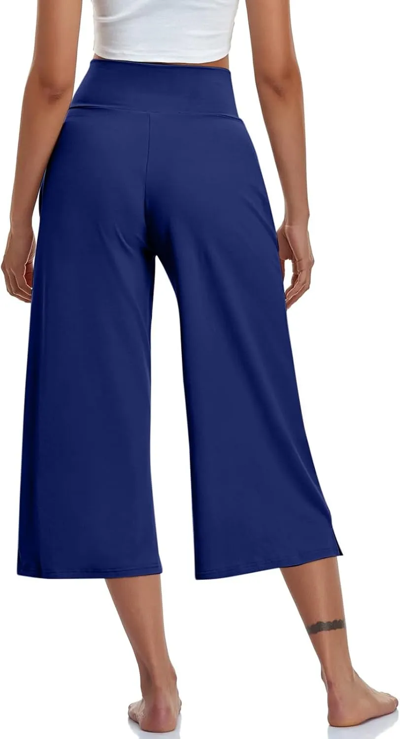 Capri Pants for Women Crossover Wide Leg Yoga Capris Tummy Control Yoga Capris with Pockets Casual Cropped Pants