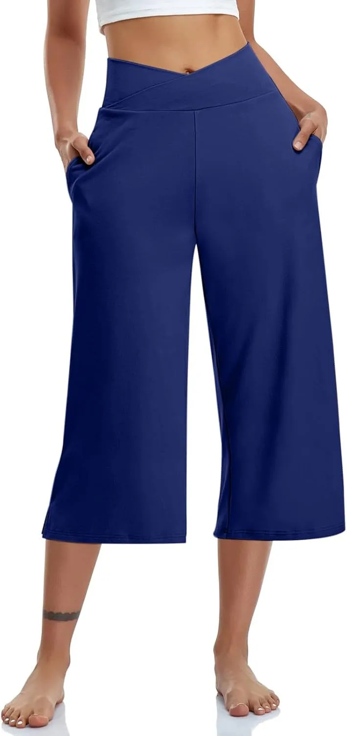Capri Pants for Women Crossover Wide Leg Yoga Capris Tummy Control Yoga Capris with Pockets Casual Cropped Pants