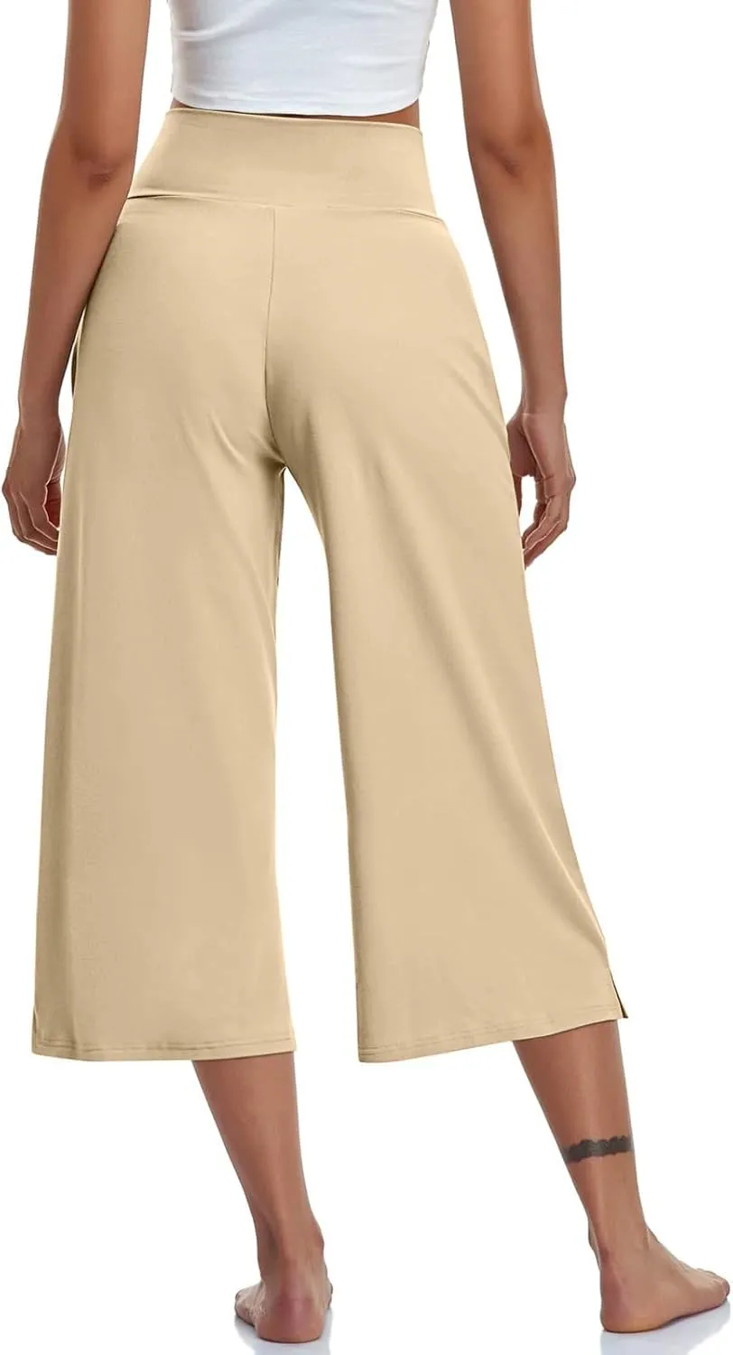 Capri Pants for Women Crossover Wide Leg Yoga Capris Tummy Control Yoga Capris with Pockets Casual Cropped Pants