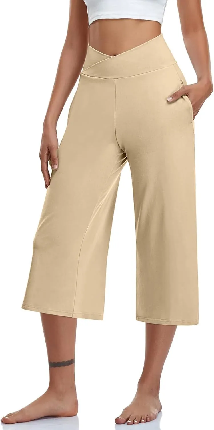 Capri Pants for Women Crossover Wide Leg Yoga Capris Tummy Control Yoga Capris with Pockets Casual Cropped Pants