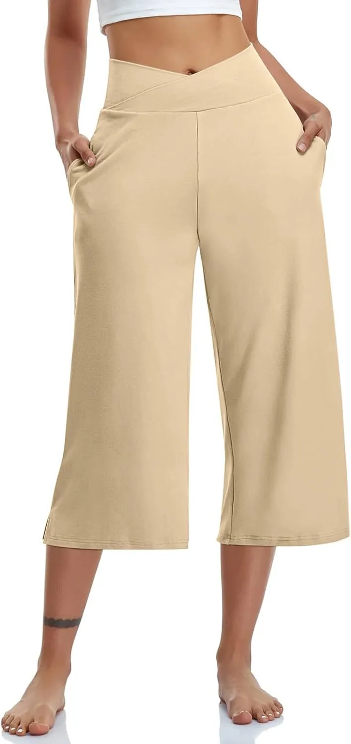 Capri Pants for Women Crossover Wide Leg Yoga Capris Tummy Control Yoga Capris with Pockets Casual Cropped Pants