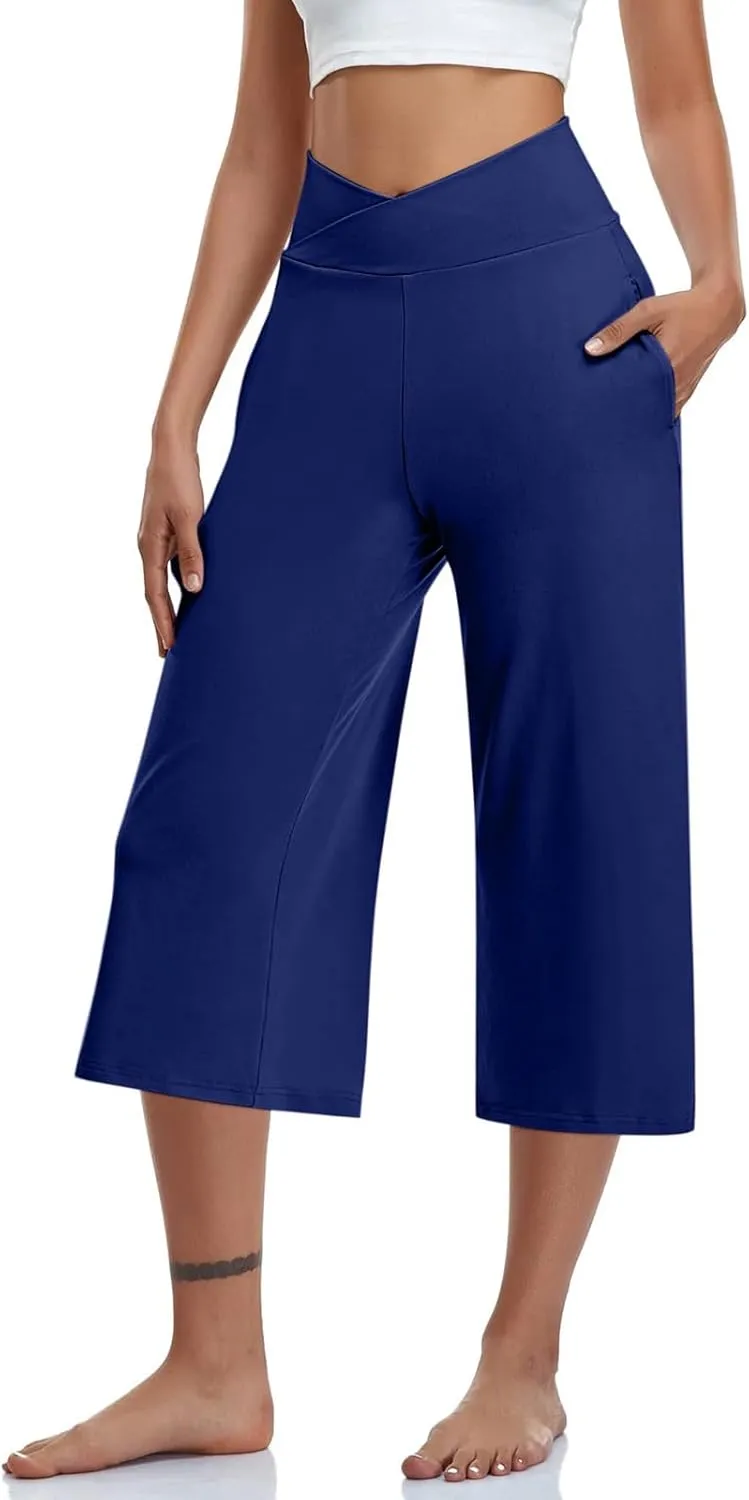 Capri Pants for Women Crossover Wide Leg Yoga Capris Tummy Control Yoga Capris with Pockets Casual Cropped Pants