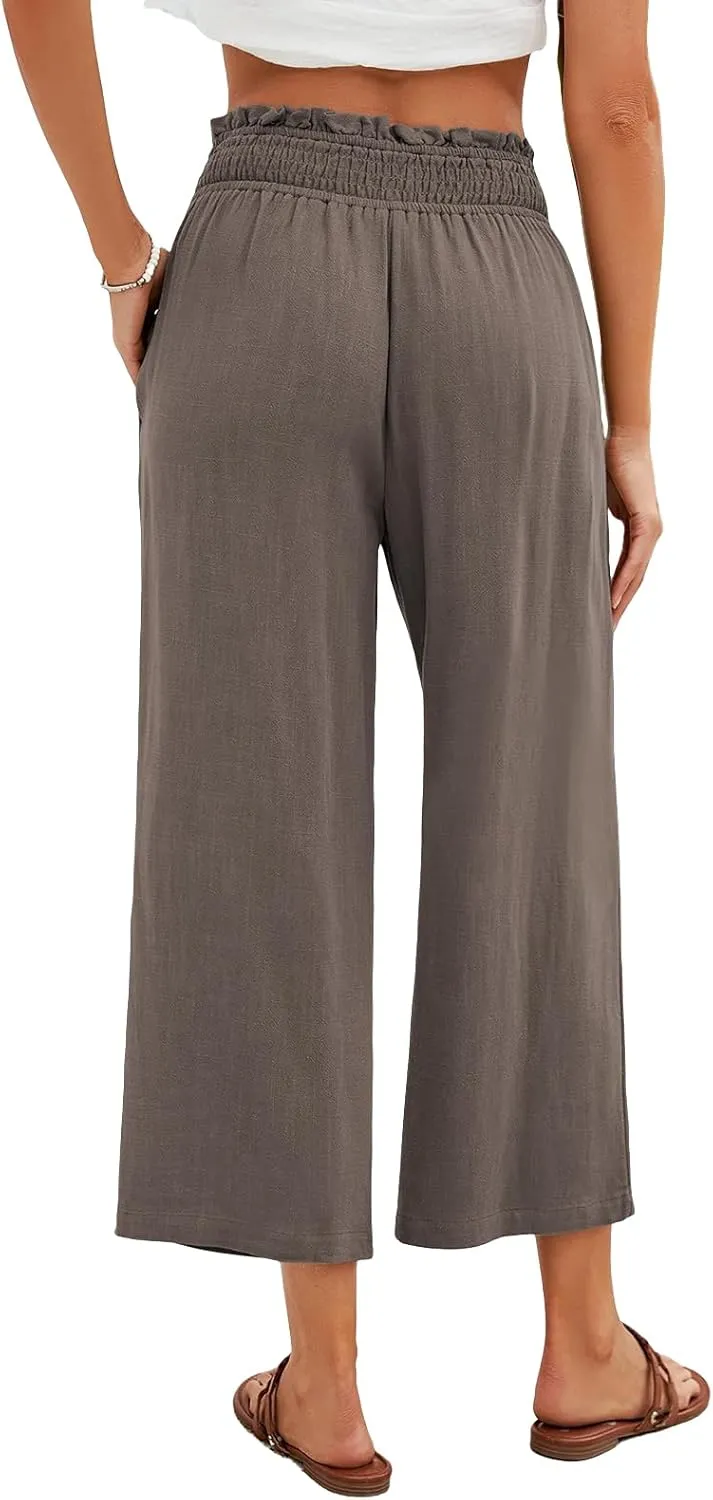 Capri Pants for Women Wide Leg Linen Palazzo Pants High Waist Elastic Pant Summer Casual Beach Trousers with Pockets