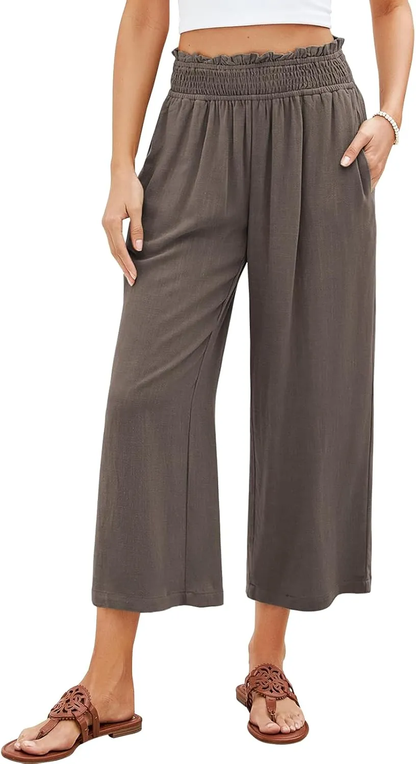 Capri Pants for Women Wide Leg Linen Palazzo Pants High Waist Elastic Pant Summer Casual Beach Trousers with Pockets