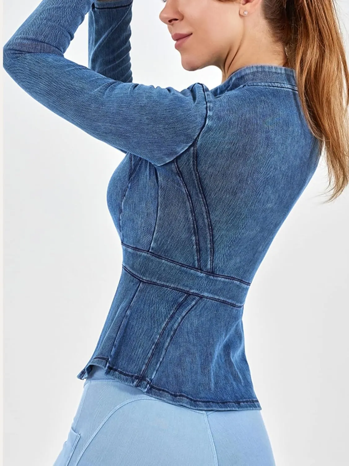 Casual Denim Peplum Jacket for Women Long Sleeve Zip Front Athletic Workout Ruffle Blazer Coats