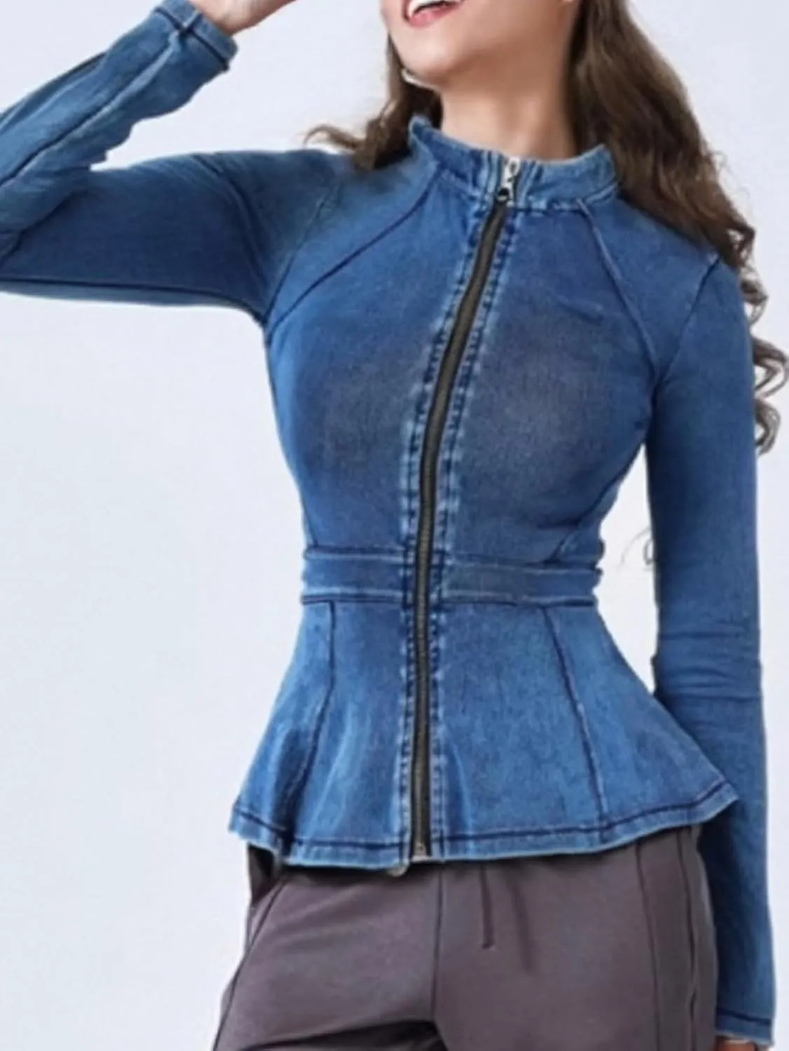 Casual Denim Peplum Jacket for Women Long Sleeve Zip Front Athletic Workout Ruffle Blazer Coats