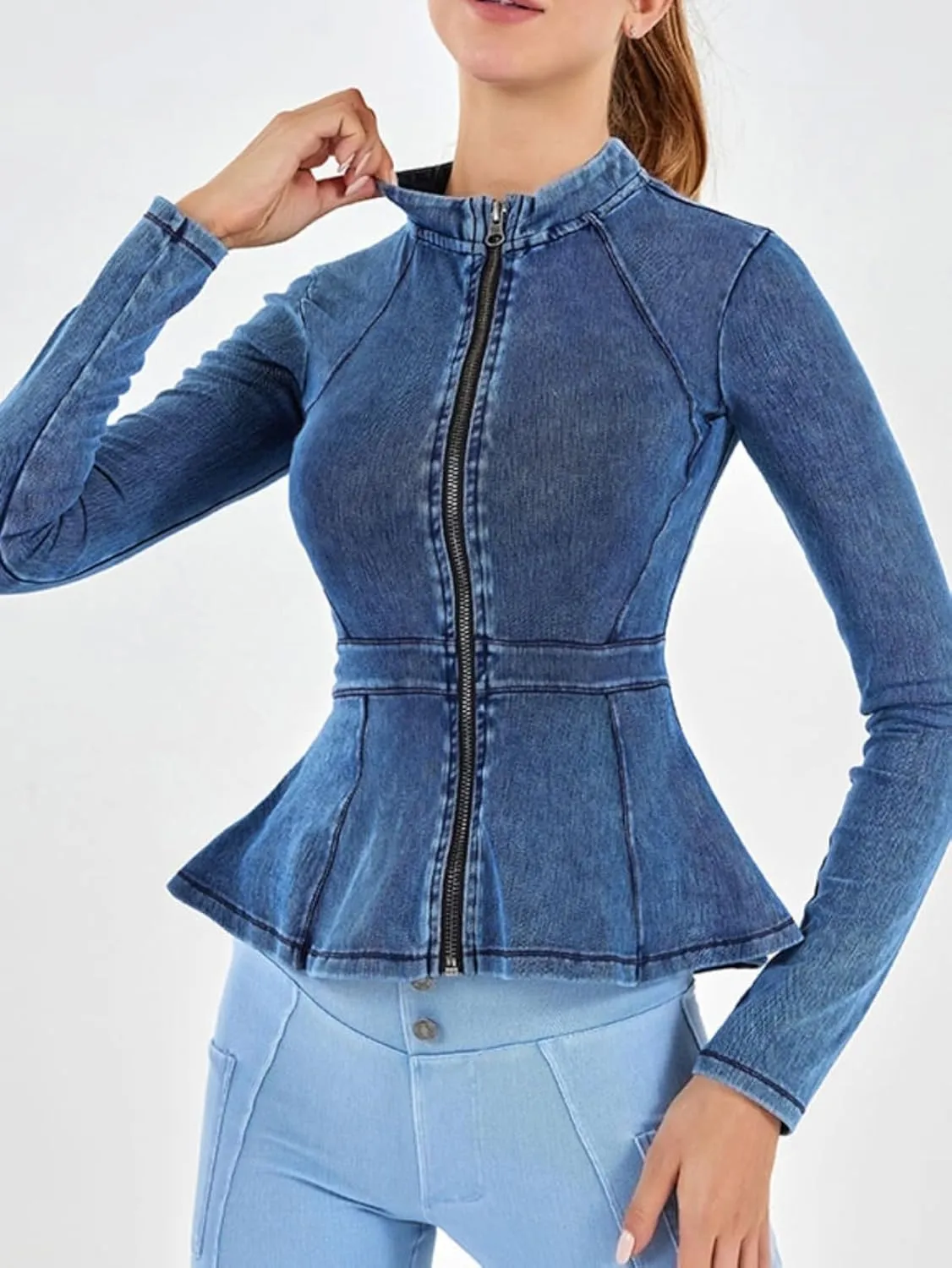 Casual Denim Peplum Jacket for Women Long Sleeve Zip Front Athletic Workout Ruffle Blazer Coats