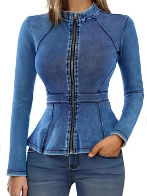 Casual Denim Peplum Jacket for Women Long Sleeve Zip Front Athletic Workout Ruffle Blazer Coats