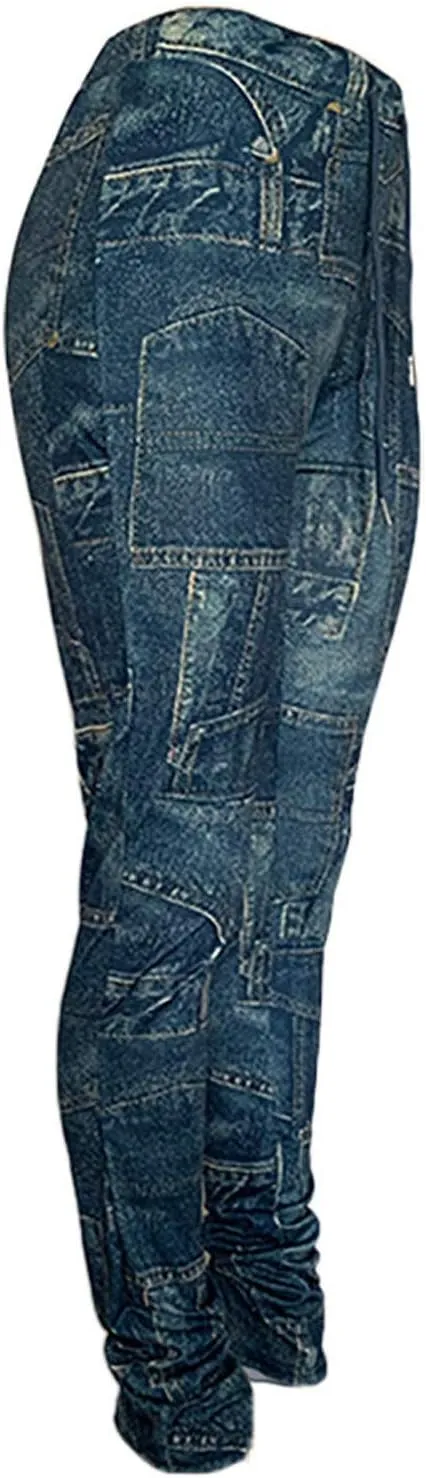 Casual Jeans for Women Print Trousers High Waist Drawstring Stacked Pants Vintage Stretch Palazzo Trousers