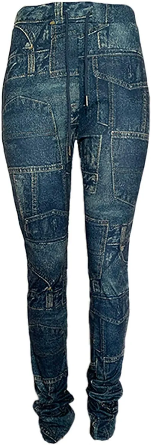 Casual Jeans for Women Print Trousers High Waist Drawstring Stacked Pants Vintage Stretch Palazzo Trousers
