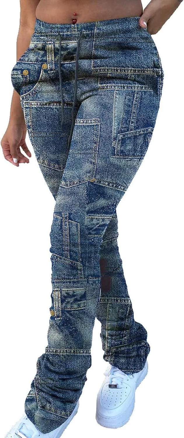 Casual Jeans for Women Print Trousers High Waist Drawstring Stacked Pants Vintage Stretch Palazzo Trousers