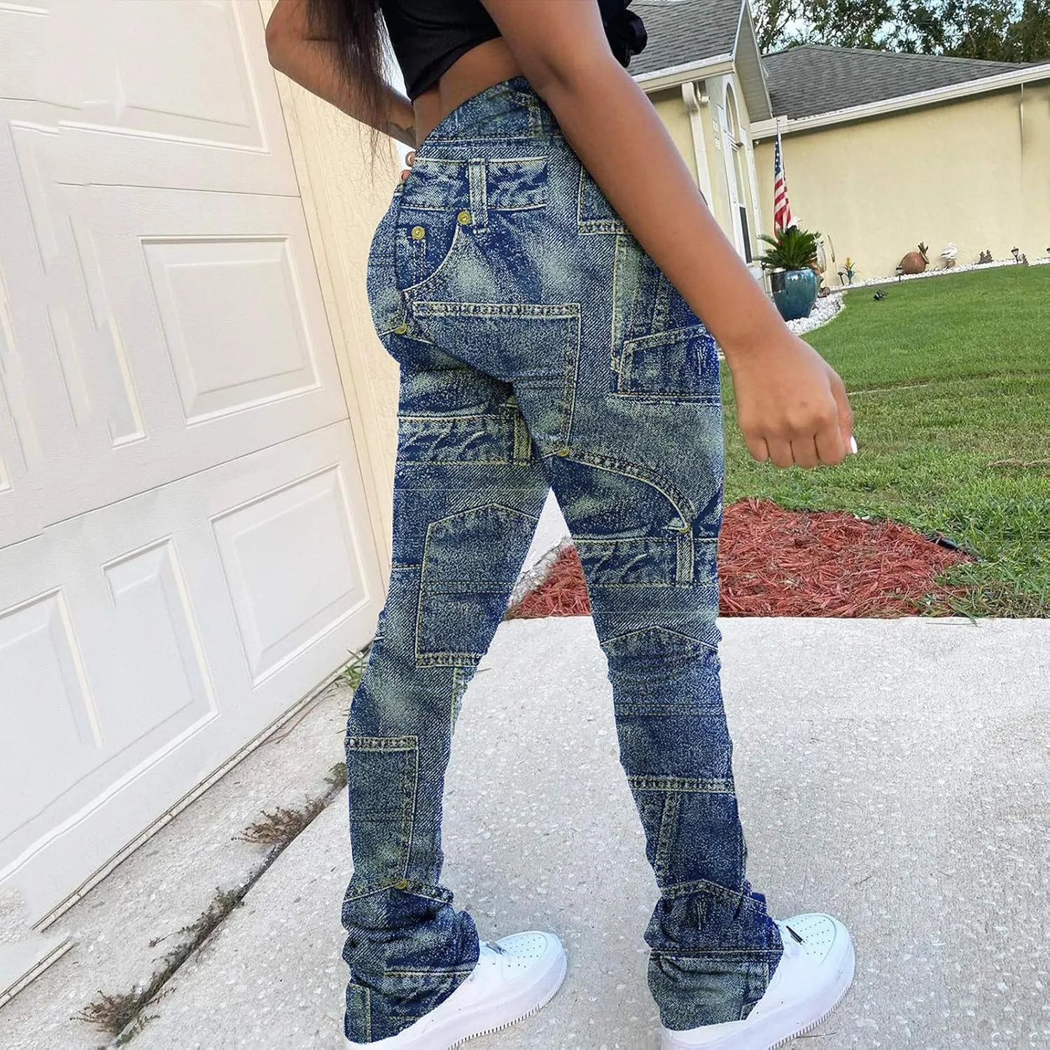 Casual Jeans for Women Print Trousers High Waist Drawstring Stacked Pants Vintage Stretch Palazzo Trousers