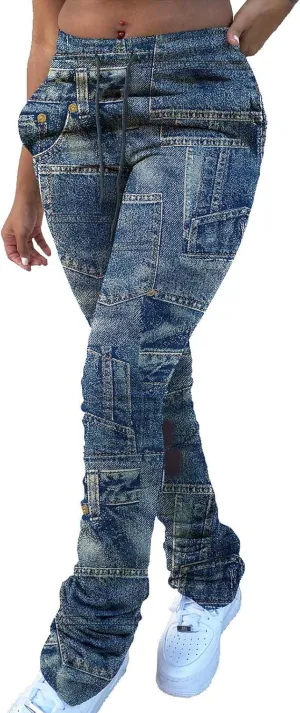 Casual Jeans for Women Print Trousers High Waist Drawstring Stacked Pants Vintage Stretch Palazzo Trousers