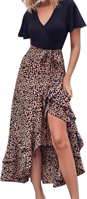 Ceboyel Women High Low Ruffle Spring Dresses Floral Causal Maxi Dress Short Sleeve Long Dresses Teacher Summer Clothing 2023
