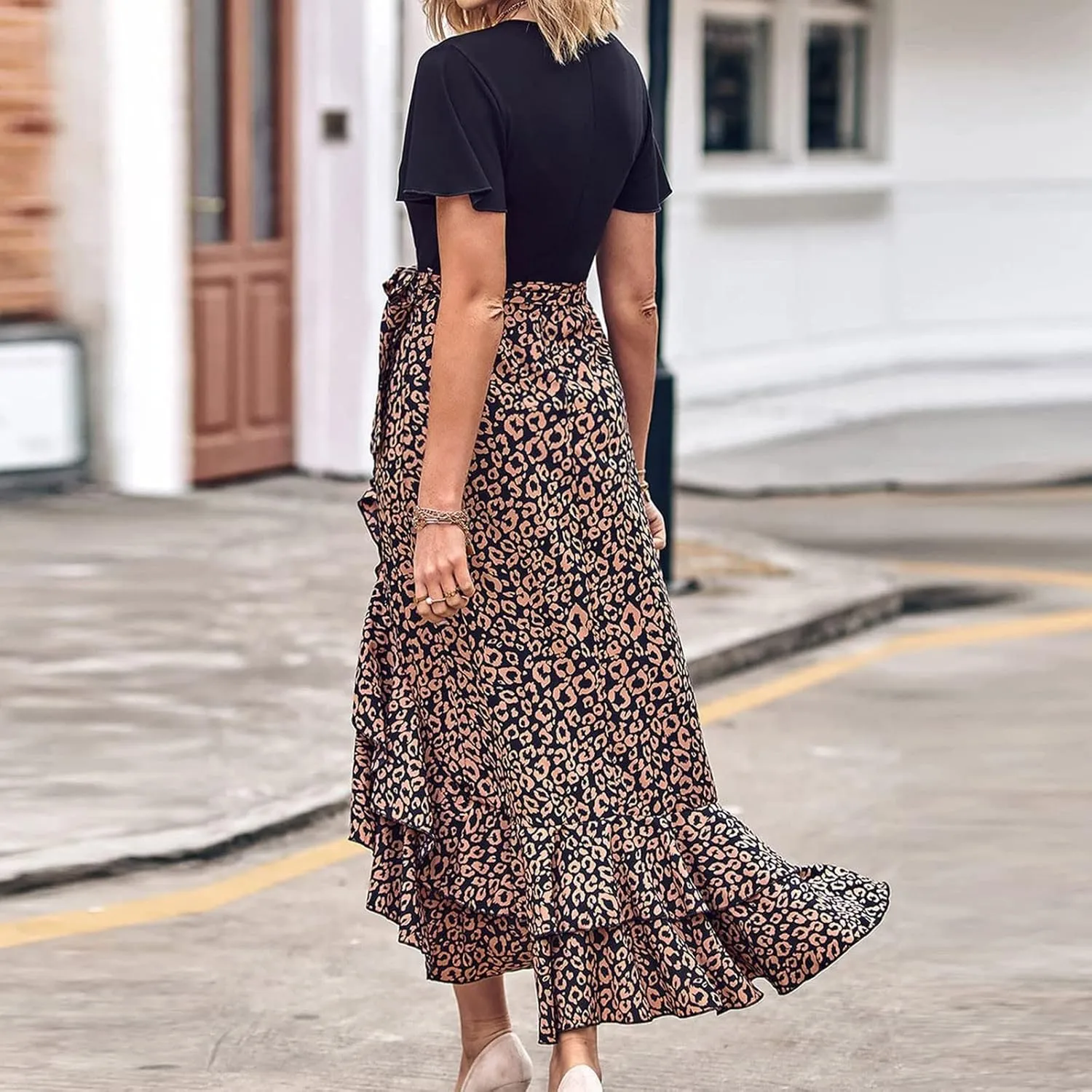 Ceboyel Women High Low Ruffle Spring Dresses Floral Causal Maxi Dress Short Sleeve Long Dresses Teacher Summer Clothing 2023