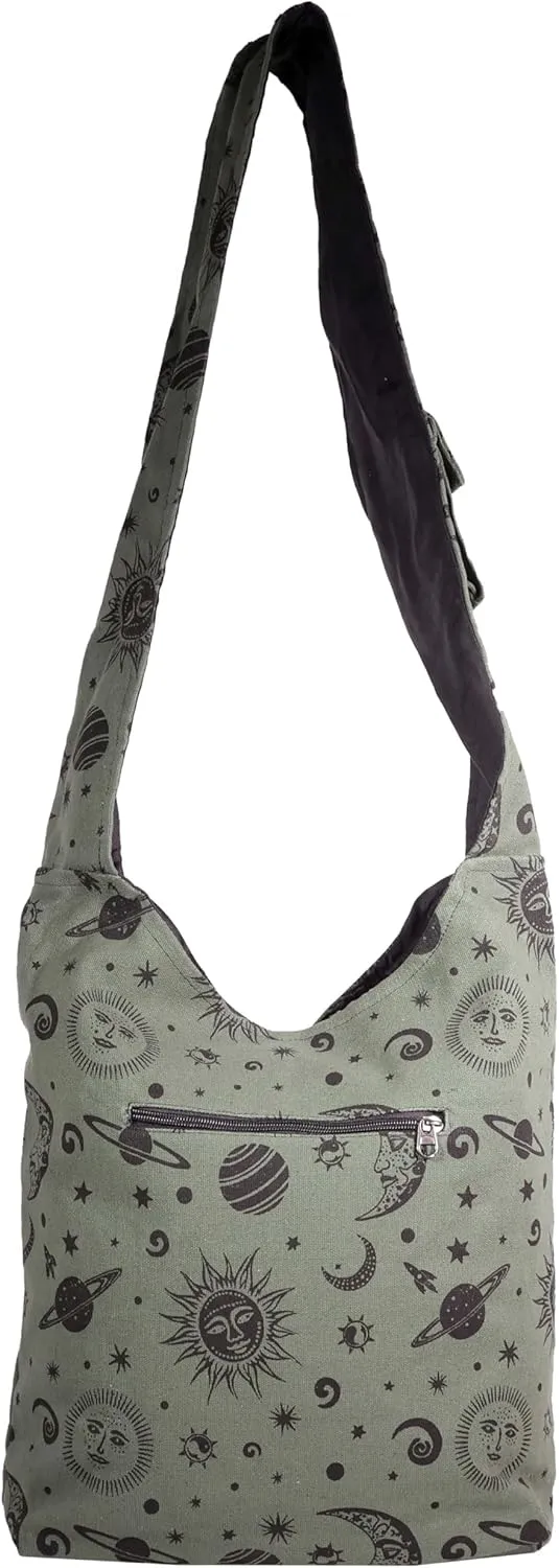 Celestial Sun Moon & Stars Hippie Crossbody Boho Shoulder Bucket Bag