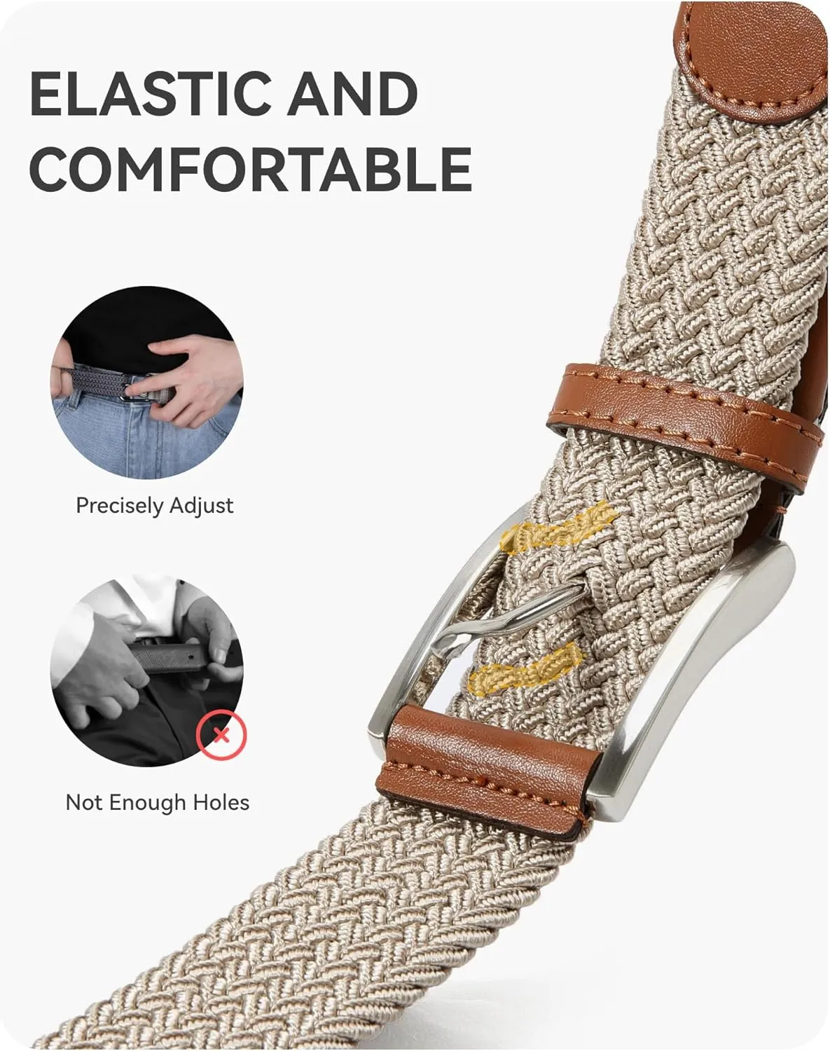 CHAOREN Golf Belts for Men - 1 3/8" Elastic Braided Stretch Mens Belts Casual - Fit Golf Pants Jeans Shorts