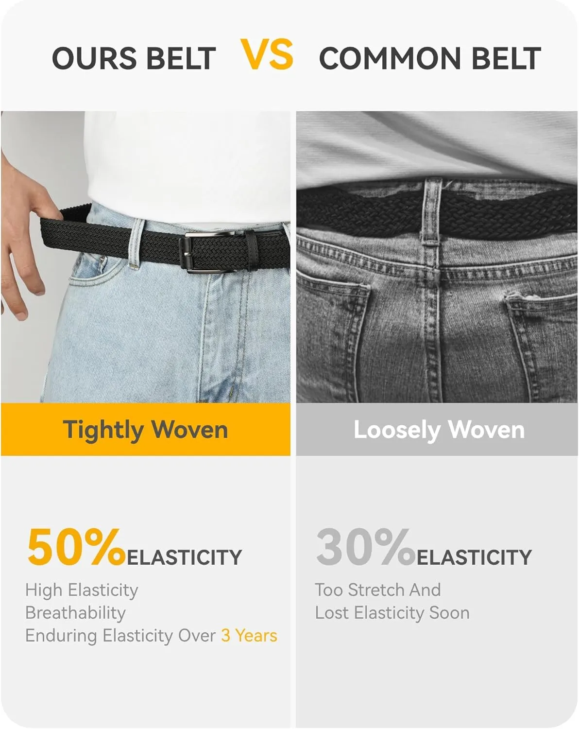 CHAOREN Golf Belts for Men - 1 3/8" Elastic Braided Stretch Mens Belts Casual - Fit Golf Pants Jeans Shorts