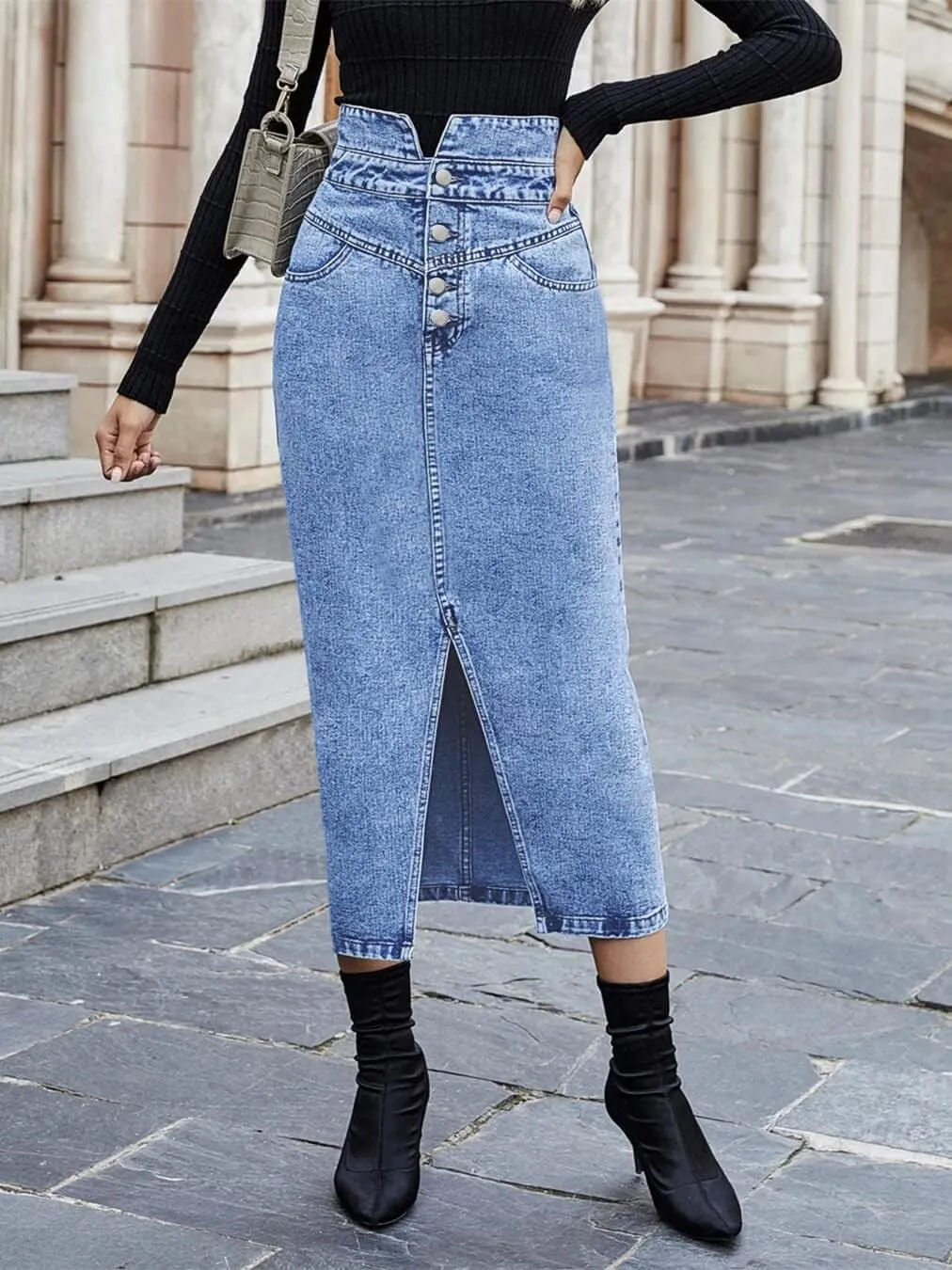 CHARTOU Women's Distressed Denim Jean High Waist Bodycon Pencil Slit Long Skirt