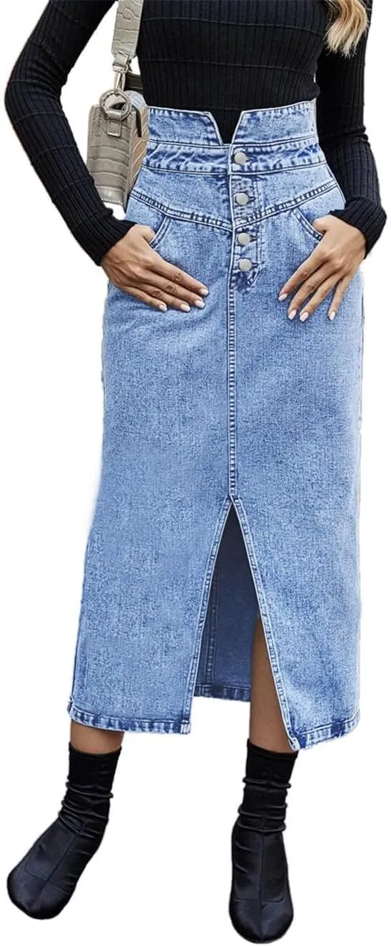 CHARTOU Women's Distressed Denim Jean High Waist Bodycon Pencil Slit Long Skirt