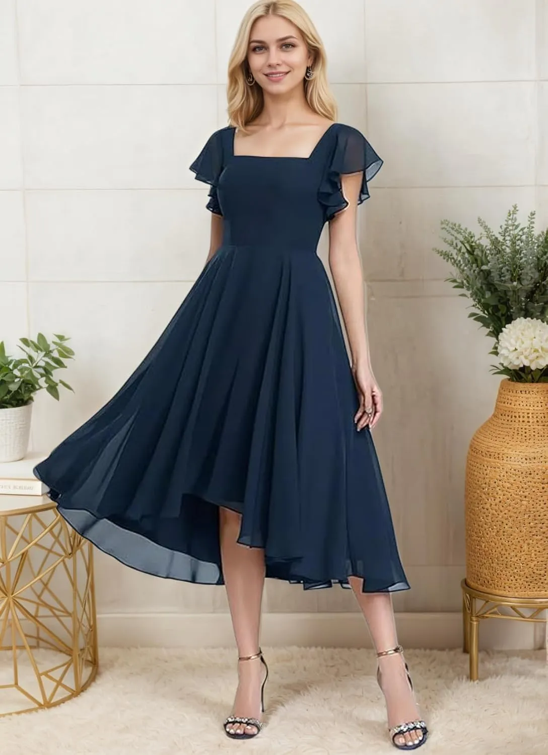 Chiffon Bridesmaid Dresses for Women High Low Prom Dress Flutter Sleeve Square Neck Tea Length Formal Dress