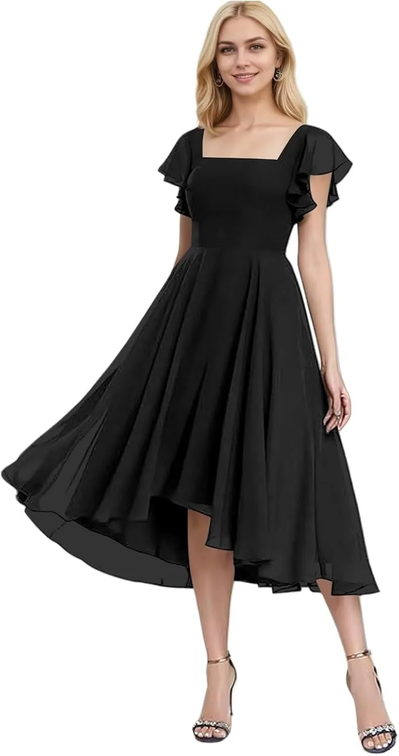 Chiffon Bridesmaid Dresses for Women High Low Prom Dress Flutter Sleeve Square Neck Tea Length Formal Dress