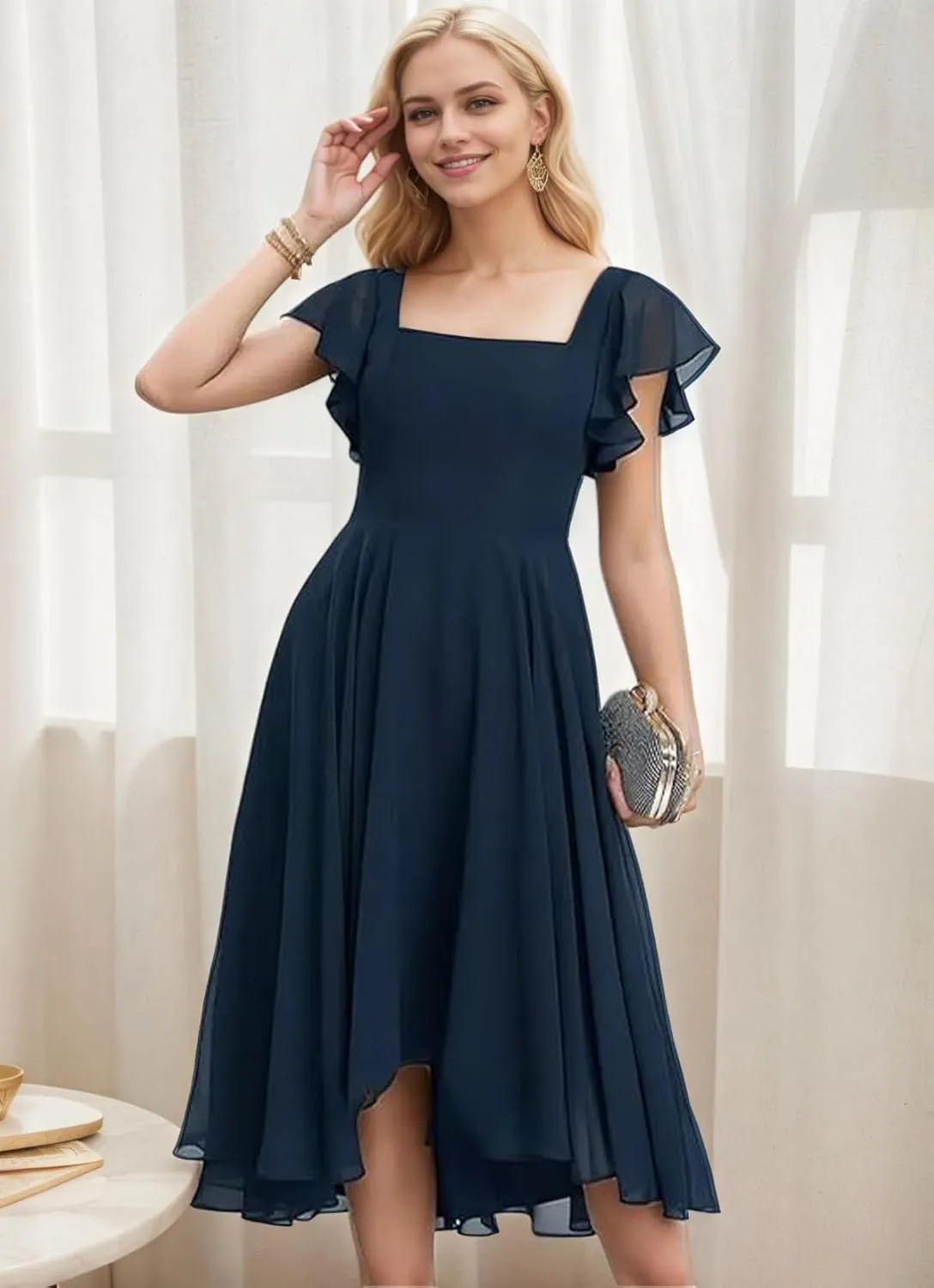 Chiffon Bridesmaid Dresses for Women High Low Prom Dress Flutter Sleeve Square Neck Tea Length Formal Dress