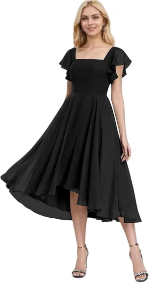 Chiffon Bridesmaid Dresses for Women High Low Prom Dress Flutter Sleeve Square Neck Tea Length Formal Dress