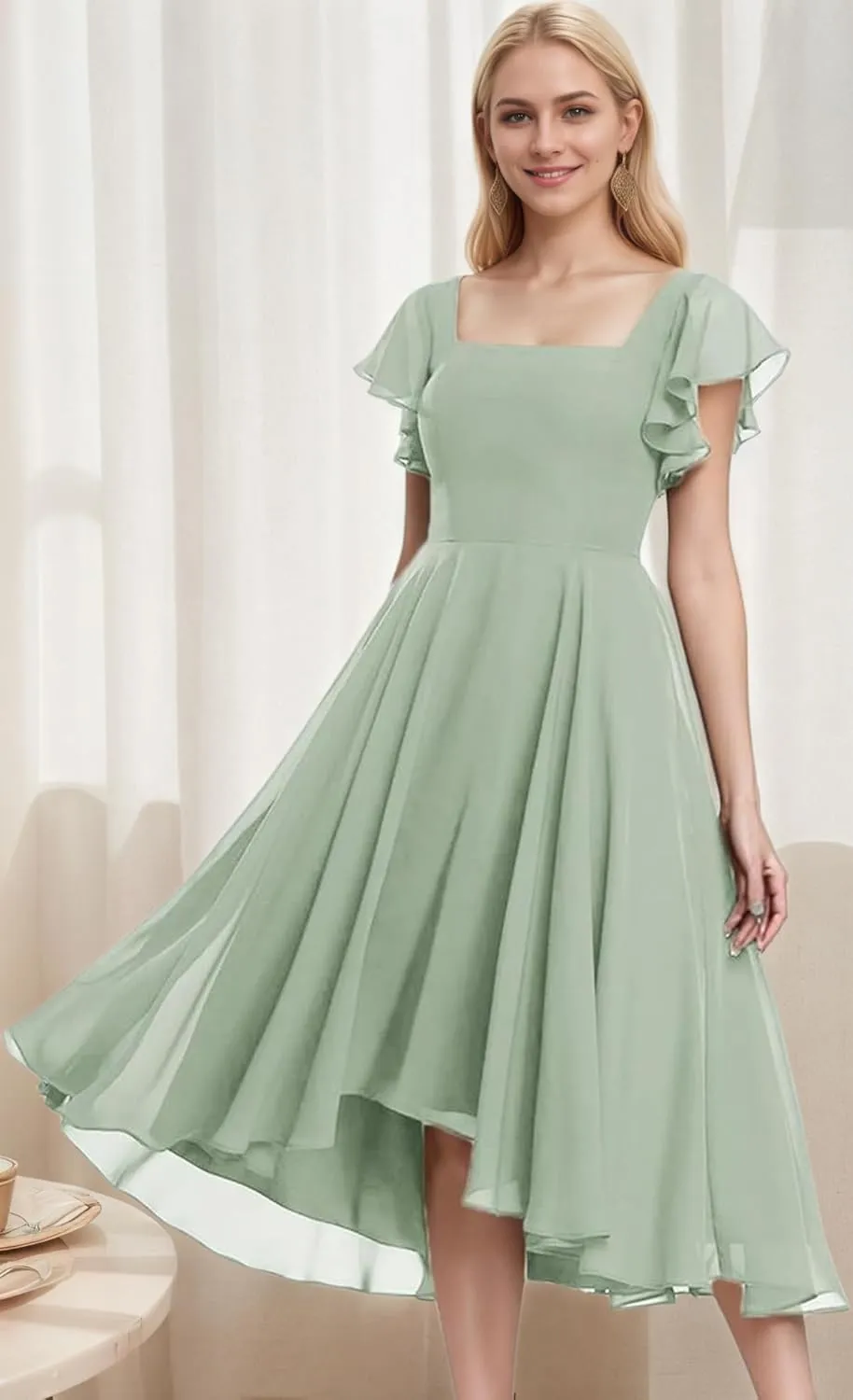 Chiffon Bridesmaid Dresses for Women High Low Prom Dress Flutter Sleeve Square Neck Tea Length Formal Dress