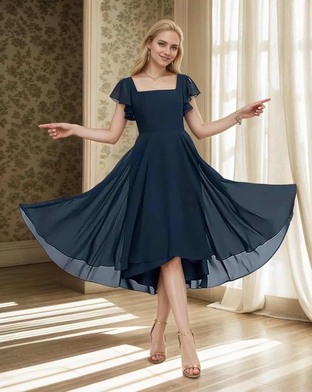Chiffon Bridesmaid Dresses for Women High Low Prom Dress Flutter Sleeve Square Neck Tea Length Formal Dress