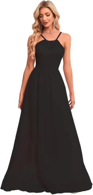 Chiffon Bridesmaid Dresses Long Crew Neck Prom Dresses A Line Formal Party Gowns with Pockets UU35