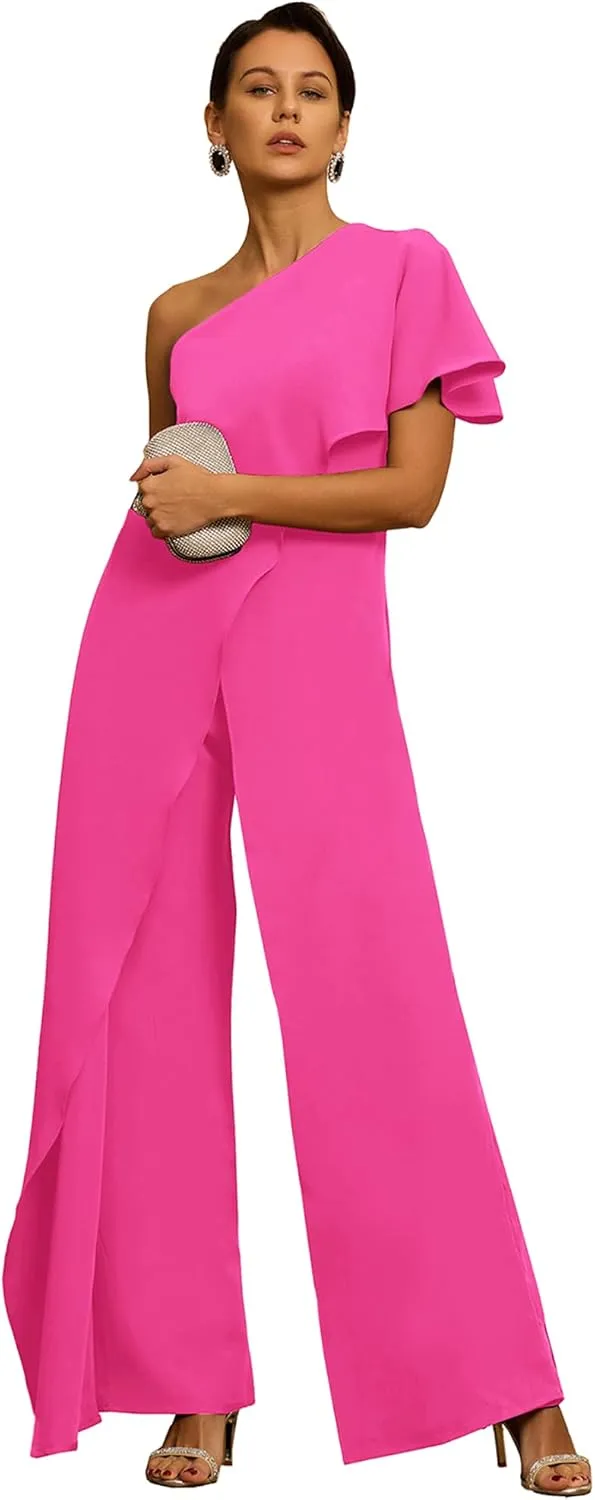 Chiffon One Shoulder Mother of The Bride Pant Suits for Women Flowy Wedding Guest Party Formal Outfit