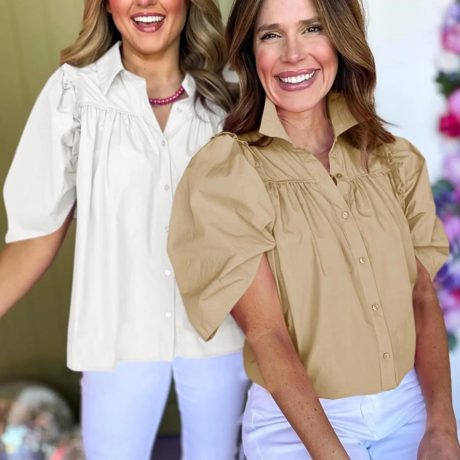 Cicy Bell Womens Summer Button Down Shirts Short Ruffle Puff Sleeve Cotton Blouses Dressy Casual Ladies Tops