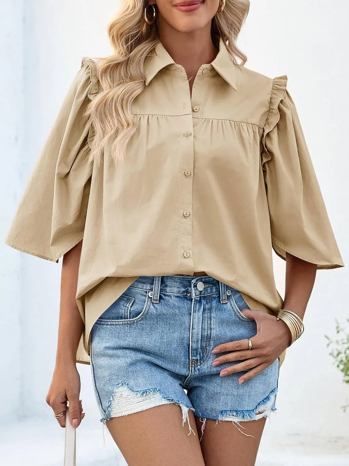 Cicy Bell Womens Summer Button Down Shirts Short Ruffle Puff Sleeve Cotton Blouses Dressy Casual Ladies Tops