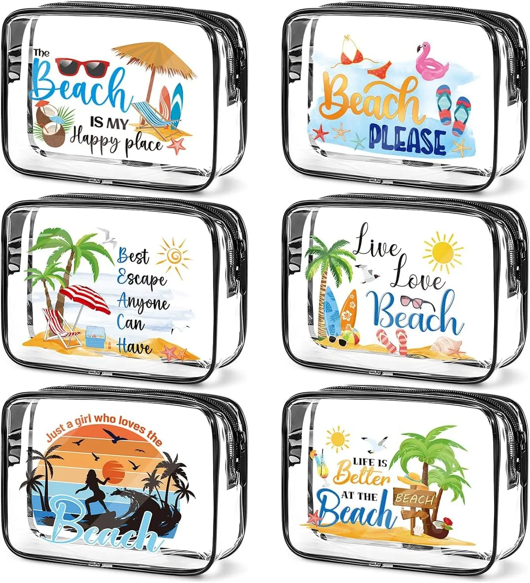 Clear Makeup Bags Gifts - 6 pcs Beach Cosmetic Bags Gifts for Women Teacher Dancer Nurse Friends Summer Beach Vacation Essentials Waterproof Travel Toiletry Organizer Foldable Zipper Pouches