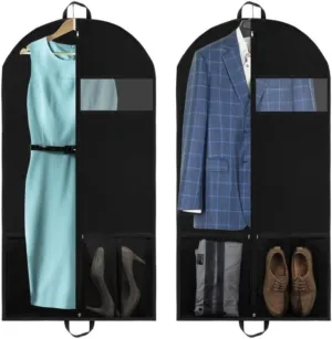 Clothes Cover 2pcs Garment Bag 5'' Gusseted Suit Bags for Hanging Clothes Garment Bag with 2 Pockets Suit Bags (Color : Black, Size : 66 * 152.5 * 12.7cm)