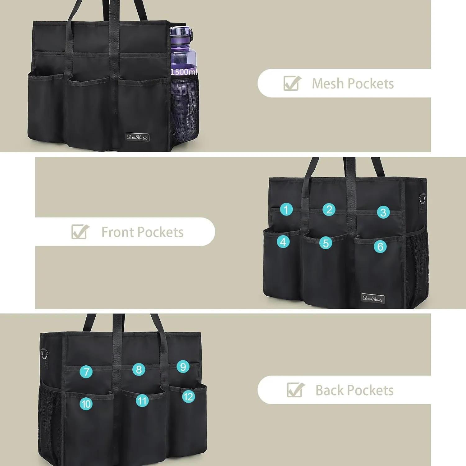 CLOUDMUSIC Large Tote Bag For Women Travel Nurse Teacher Work Waterpoof With Zipper Utility Everything Bags