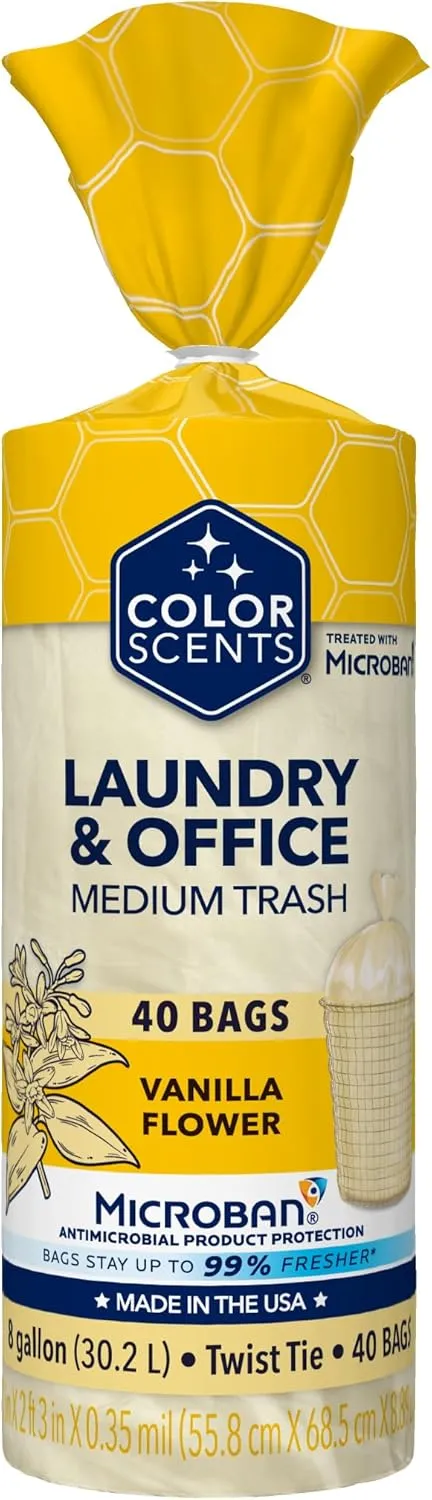 Color Scents Medium Trash Bags - 8 Gallon, 40 Bags (1 Pack of 40 Count), Twist Tie - Ivory Bag in Vanilla Flower Scent with Microban