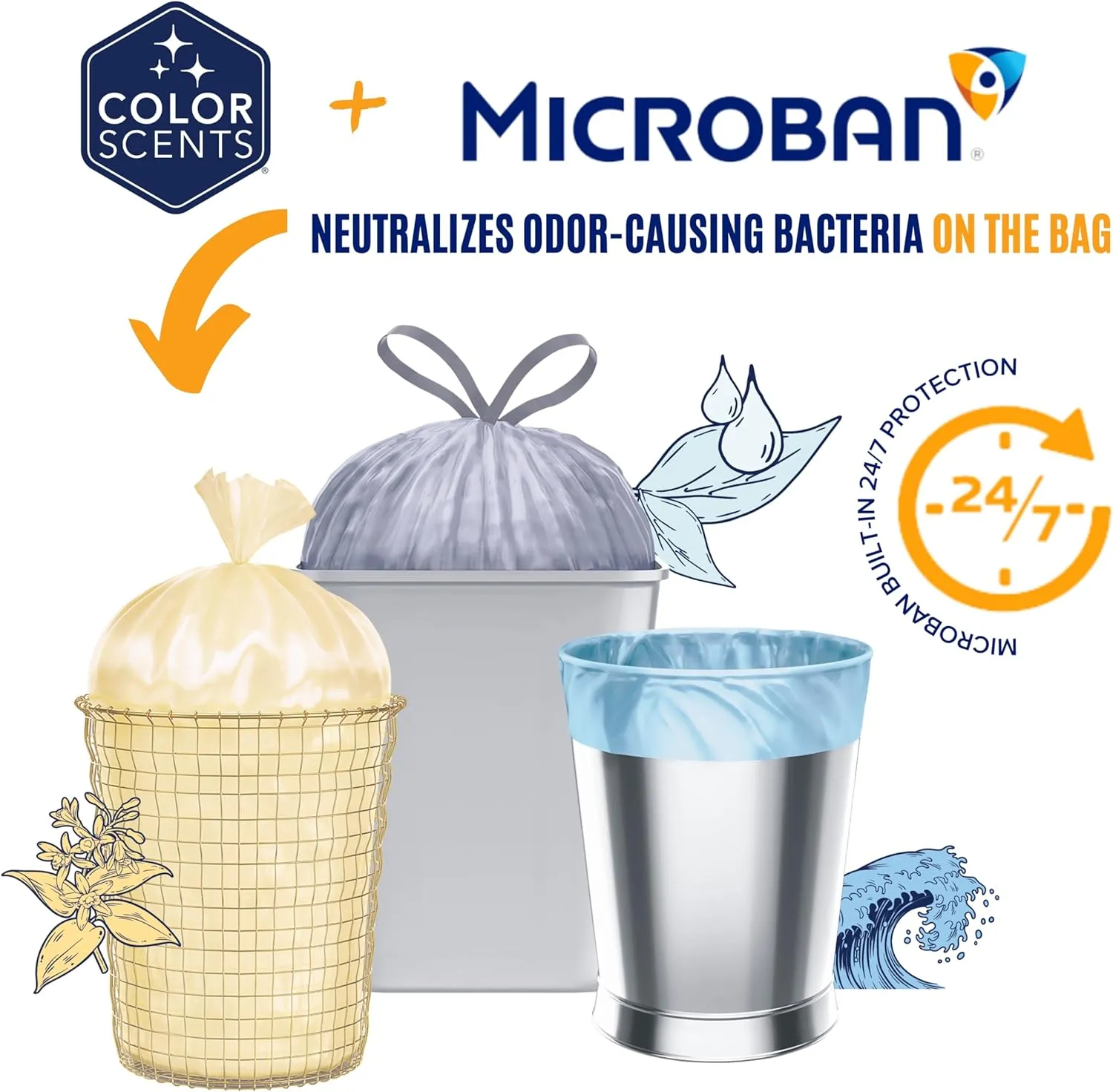 Color Scents Medium Trash Bags - 8 Gallon, 40 Bags (1 Pack of 40 Count), Twist Tie - Ivory Bag in Vanilla Flower Scent with Microban