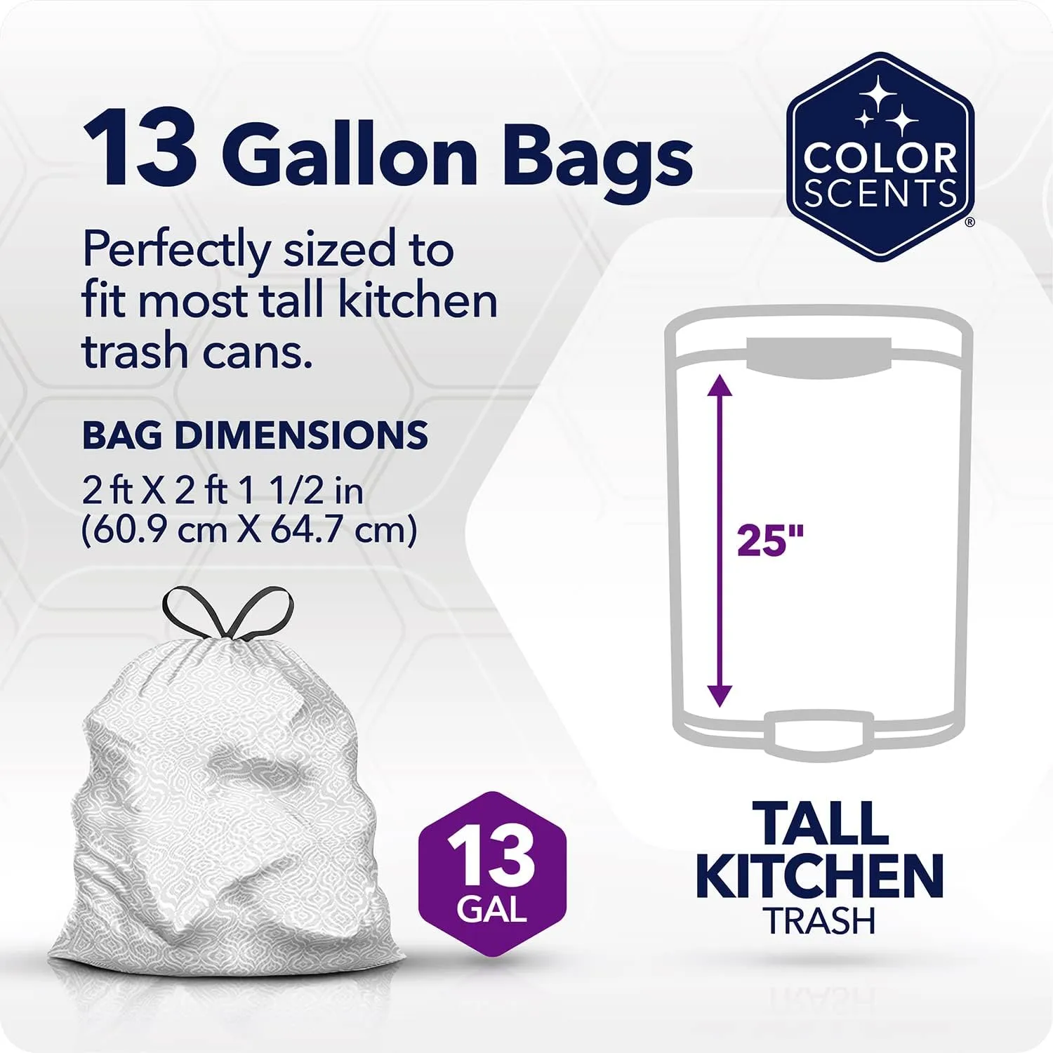 Color Scents Tall Kitchen Trash Bags - 13 Gallon, 20 Bags (1 Pack of 20 Count), Drawstring - White Bag in Lavender   Sage Scent with Microban