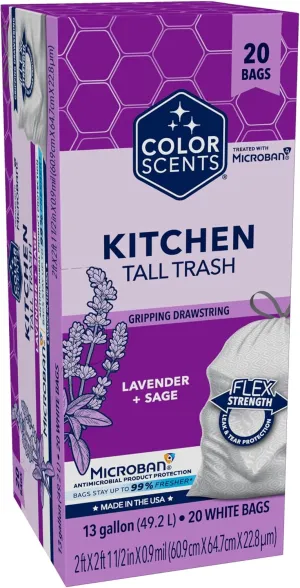 Color Scents Tall Kitchen Trash Bags - 13 Gallon, 20 Bags (1 Pack of 20 Count), Drawstring - White Bag in Lavender   Sage Scent with Microban