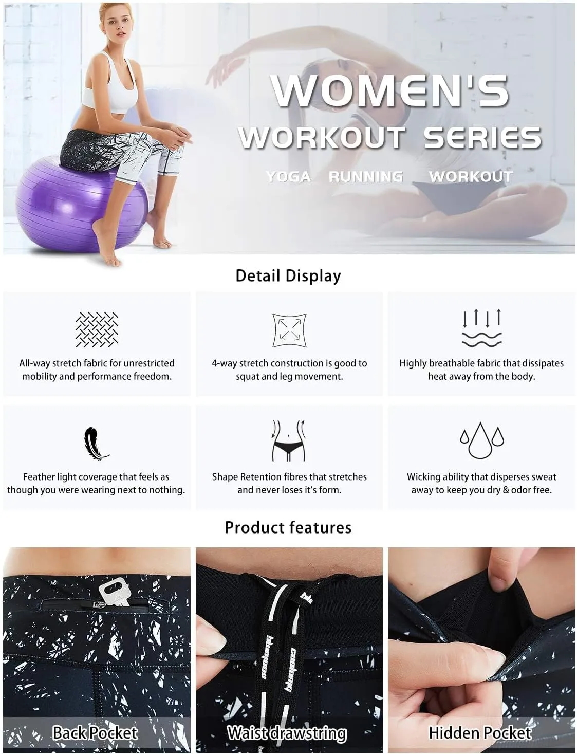 COOLOMG Women Yoga Leggings Running Tights Low Rise Leggings Workout Gym with Hidden Pockets