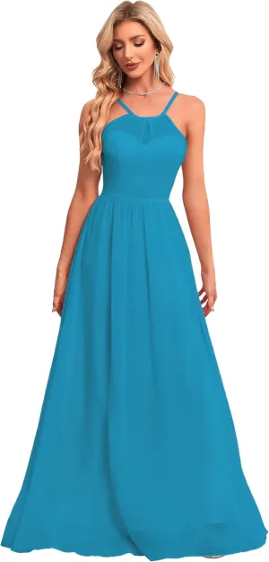 Crew Neck A-line Bridesmaid Dresses Long Prom Dress Chiffon Formal Evening Gowns for Women B030